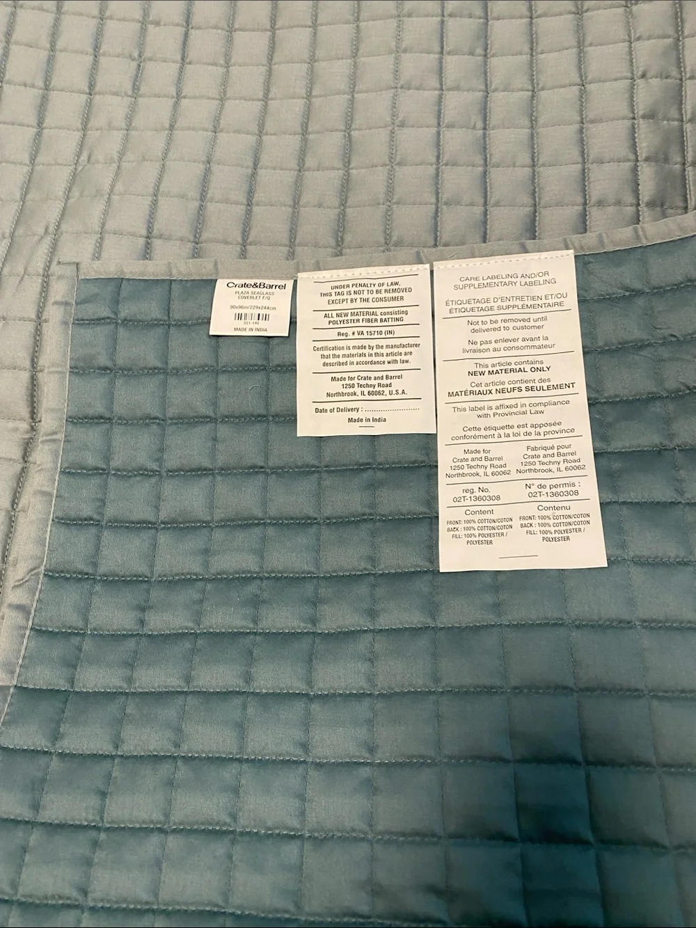 Crate&Barrel Quilted Cushion Cover — Seaglass Coverlett